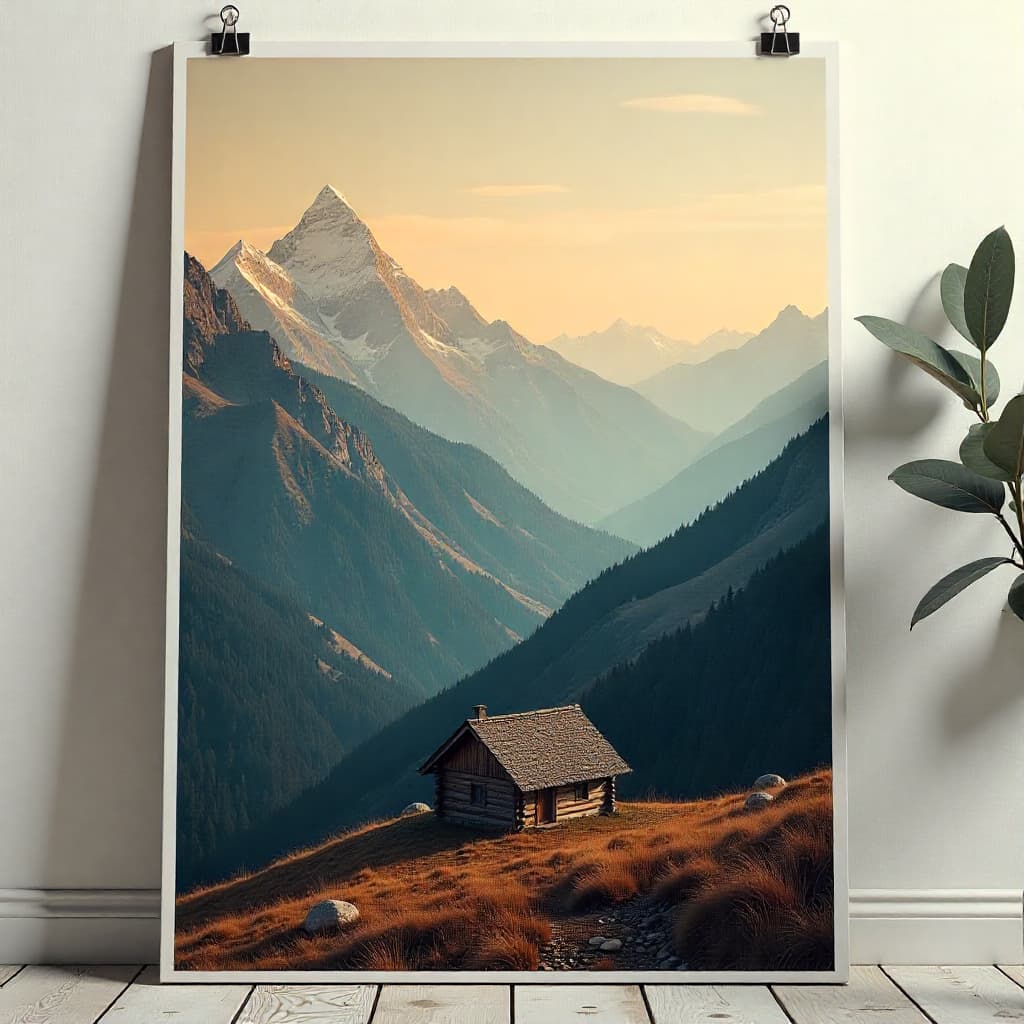 A calming poster with earthy tones, minimalist design, elegant typography, and an image of mountains at sunrise.”